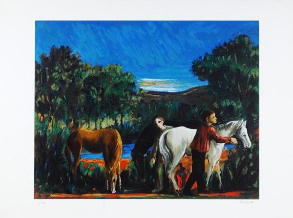 Domenico Purificato : Paesaggio con figure e cavalli  - Serigrafia - Asta GRAFICA ED EDIZIONI - Galleria Pananti Casa d'Aste