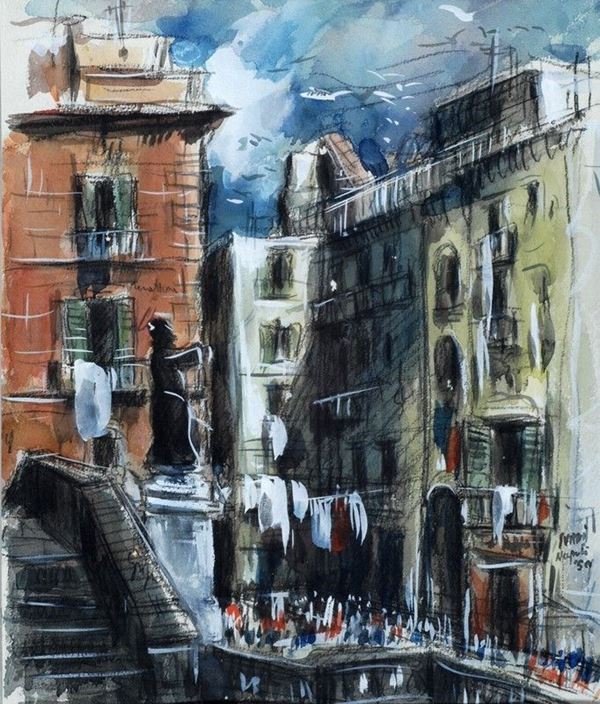 Luigi Surdi : Napoli  (1950)  - Acquerello e matita su carta - Asta AUTORI DEL XIX E XX SEC - Galleria Pananti Casa d'Aste