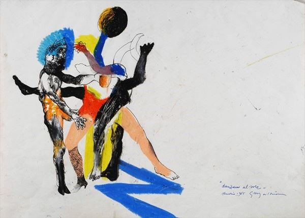Anonimo, XX sec. : Danzano al sole  (1965)  - Tecnica mista su carta - Asta Arte Moderna e Contemporanea - Galleria Pananti Casa d'Aste