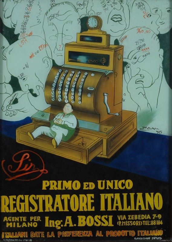 Achille Luciano Mauzan : Sir primo ed unico registratore di cassa italiano  (1925)  - Tempera su vetro - Auction Arte Moderna e Contemporanea - III - Galleria Pananti Casa d'Aste