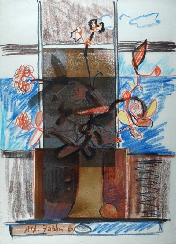 Alfredo Fabbri : Vaso di fiori con finestra  (1969)  - Tecnica mista su carta - Asta AUTORI DEL XX SEC - Galleria Pananti Casa d'Aste