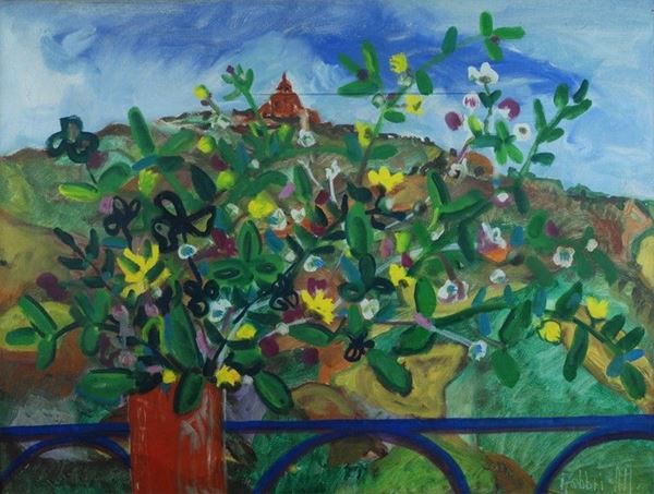Alfredo Fabbri : Vaso di fiori e paesaggio   (1975)  - Olio su tela - Asta AUTORI DEL XX SEC - Galleria Pananti Casa d'Aste