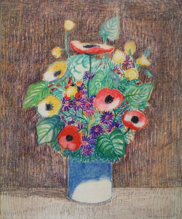 Marcello Boccacci : Vaso di fiori  - Pastelli a cera su cartone - Asta AUTORI DEL XX SEC - Galleria Pananti Casa d'Aste