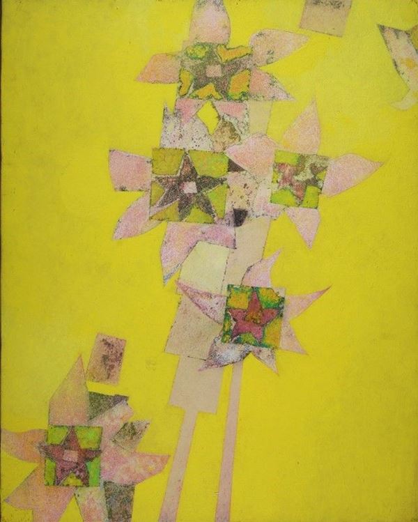 Rinaldo Frank Burattin : Le acidanthera muriellae  (1981)  - Tecnica mista su tela - Asta AUTORI DEL XX SEC - Galleria Pananti Casa d'Aste