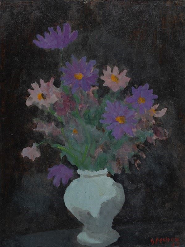 Guido Peyron : Flowers  (1955)  - Oil on canvas reproduced on plywood - Auction AUTHORS OF XIX AND XX CENTURY - Galleria Pananti Casa d'Aste