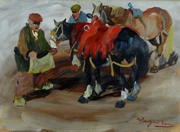 Basso Ragni : Figure con cavalli  - Olio su masonite - Asta AUTORI DEL XX SEC - Galleria Pananti Casa d'Aste