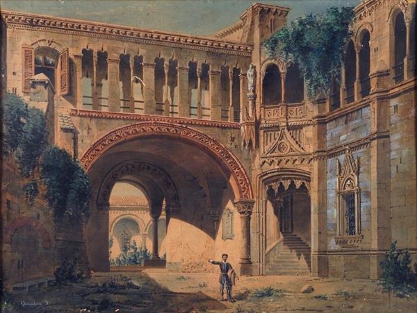 Anonimo, XIX sec. : Castello  - Tempera e acquerello su carta - Asta AUTORI DEL XIX E XX SEC - Galleria Pananti Casa d'Aste