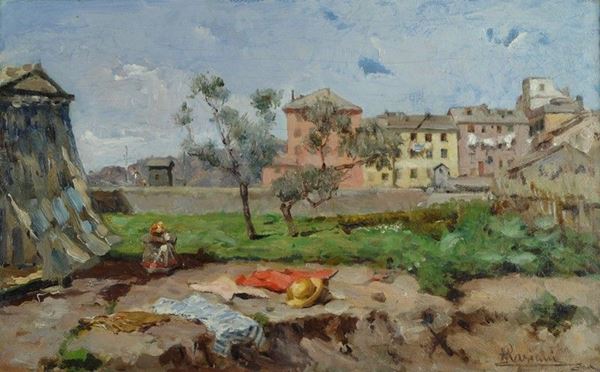 Pompeo Mariani : Paesaggio con caseggiati  - Olio su tela  - Asta AUTORI DEL XIX E XX SEC, ARTE MODERNA E CONTEMPORANEA - Galleria Pananti Casa d'Aste
