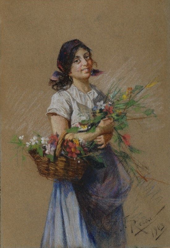 Anonimo, XX sec. : Donna con fiori  (1903)  - Pastelli su carta - Asta AUTORI DEL XIX E XX SEC - II - Galleria Pananti Casa d'Aste