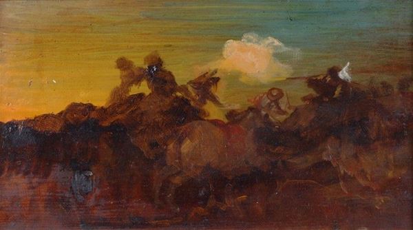 Amos Cassioli,Attr. a Amos Cassioli : Battaglia  - Olio su tavola - Asta AUTORI DEL XIX E XX SEC - Galleria Pananti Casa d'Aste