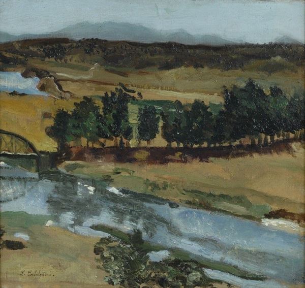 Luigi Calderini : Paesaggio con fiume e ponte  - Olio su tela - Auction Arte Moderna e Contemporanea - III - Galleria Pananti Casa d'Aste