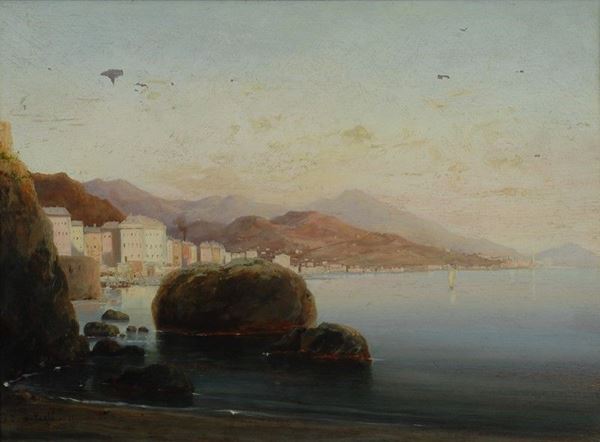 Anonimo, XIX sec. : Veduta del Golfo di Pegli  (1880)  - Olio su tavola - Asta AUTORI DEL XIX E XX SEC - II - Galleria Pananti Casa d'Aste