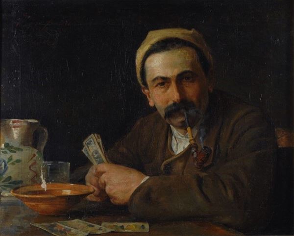 Anonimo, XIX sec. : Il giocatore di carte   - Olio su tela - Asta AUTORI DEL XIX E XX SEC - II - Galleria Pananti Casa d'Aste
