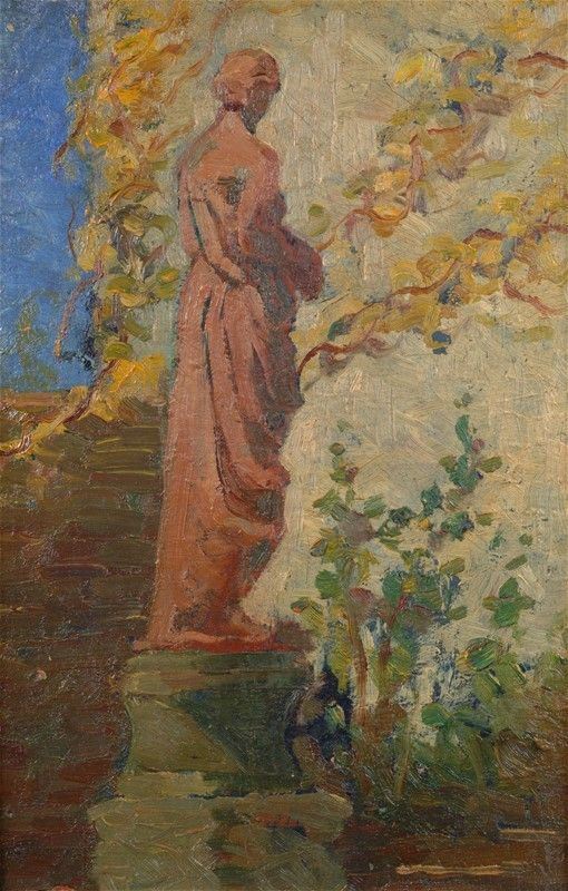 Anonimo, XX sec. : Scorcio di giardino con scultura  - Olio su cartone - Asta AUTORI DEL XIX E XX SEC - II - Galleria Pananti Casa d'Aste