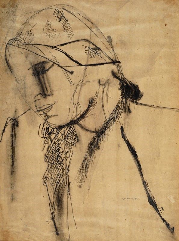 Bruno Cassinari : Volto  (1943)  - Inchiostro su carta riportata su cartoncino - Auction Arte Moderna e Contemporanea - III - Galleria Pananti Casa d'Aste