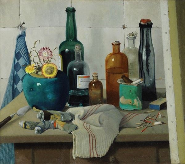 Bruno Croatto : Natura morta con bottiglie  (1932)  - Olio su tela - Asta AUTORI DEL XIX E XX SEC - II - Galleria Pananti Casa d'Aste