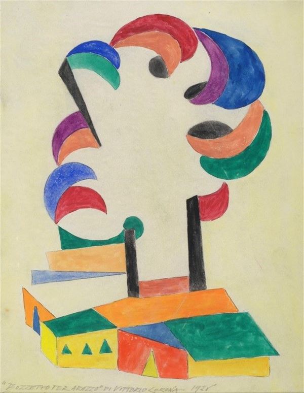 Vittorio Corona : Bozzetto per arazzo  (1926)  - Tecnica mista su cartoncino - Auction Arte Moderna e Contemporanea - III - Galleria Pananti Casa d'Aste