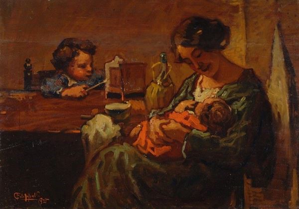 Cafiero Filippelli : Maternità   (1925)  - Olio su tavola - Asta AUTORI DEL XIX E XX SEC - II - Galleria Pananti Casa d'Aste