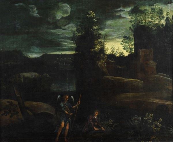 Scuola Toscana, XVII sec. - Paesaggio con Tobia e l'angelo