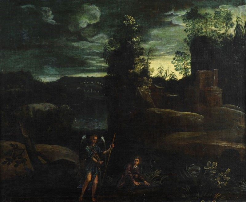 Scuola Toscana, XVII Sec. - Paesaggio con Tobia e L'angelo