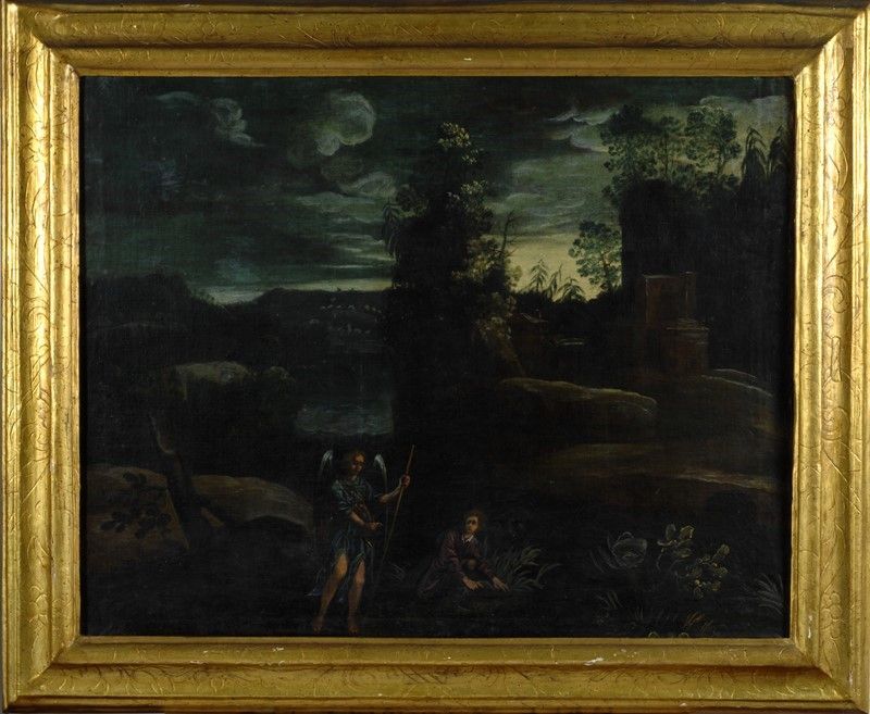 Scuola Toscana, XVII Sec. - Paesaggio con Tobia e L'angelo