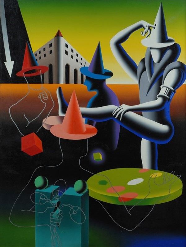 Mark Kostabi : The tumbling invisible now  (2003)  - Olio su tela - Auction Arte Moderna e Contemporanea - III - Galleria Pananti Casa d'Aste