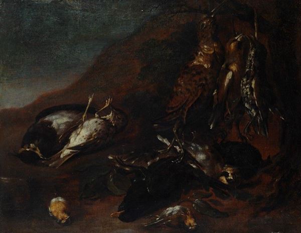 Scuola Napoletana, XVIII sec. : Natura morta con uccelli   - Olio su tela - Asta Orologi, Antiquariato - I - Galleria Pananti Casa d'Aste
