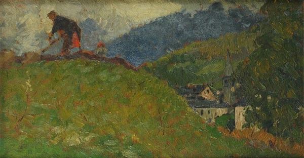 Vittore Antonio Cargnel - Paesaggio collinare con contadina