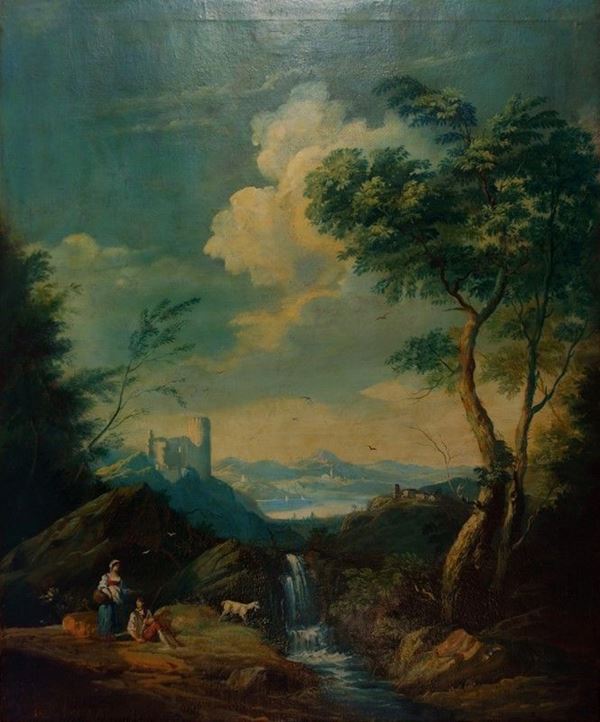 Anonimo, inizi XIX sec. : Paesaggio   - Olio su tela - Asta ARREDI E OGGETTISTICA - Galleria Pananti Casa d'Aste