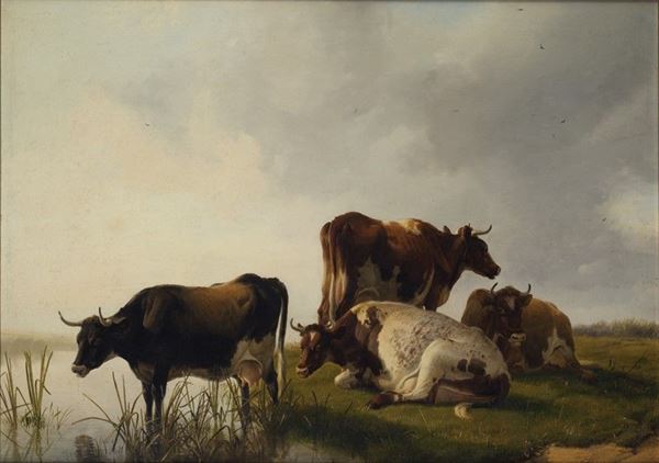 Thomas Sidney Cooper : Armenti  (1873)  - Olio su tavola - Asta AUTORI DEL XIX E XX SEC - II - Galleria Pananti Casa d'Aste