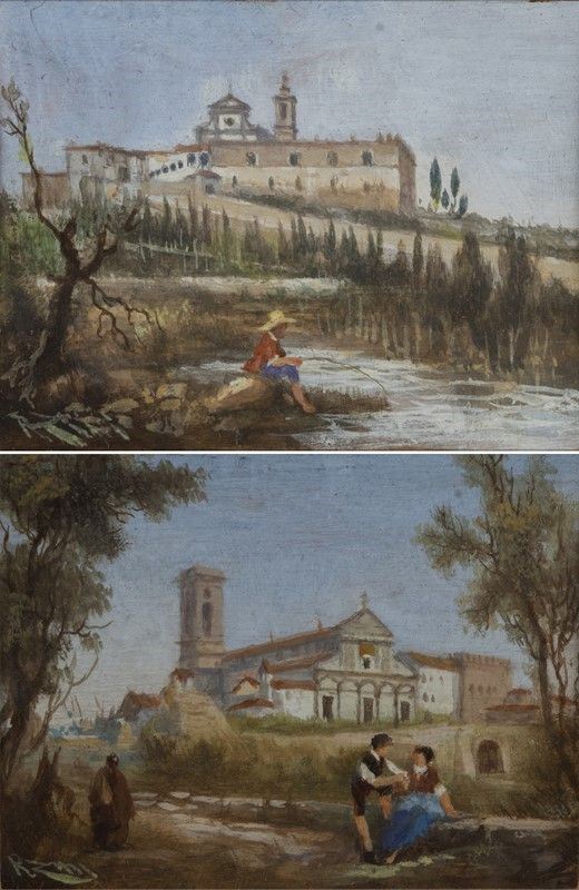 Renato Zini - Paesaggio con la chiesa di San Miniato sullo sfondo; Paesaggio con la Certosa fiorentina sullo sfondo