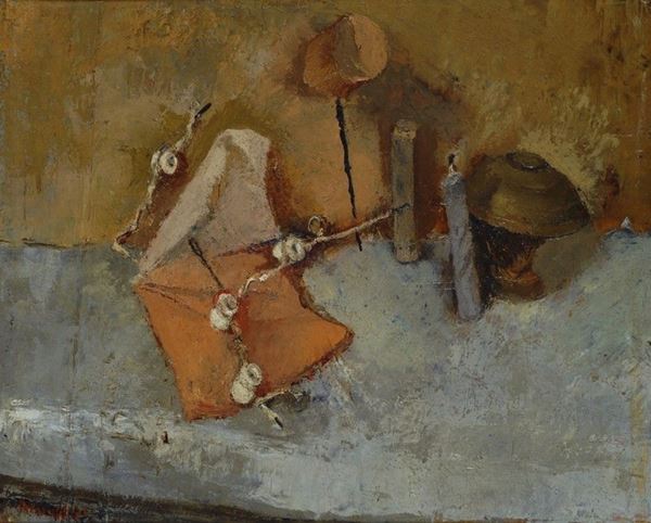 Fausto Pirandello : Natura morta con oggetti elettrici  ((1939))  - Olio su tavola - Asta Arte Moderna e Contemporanea - III - Galleria Pananti Casa d'Aste