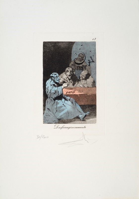 Salvador Dal&#236; : Le Caprices de Goya, Desferruginosamente  (1977)  - Fotoincisione con incisione e puntasecca a colori su carta Rives - Asta GRAFICA ED EDIZIONI - Galleria Pananti Casa d'Aste