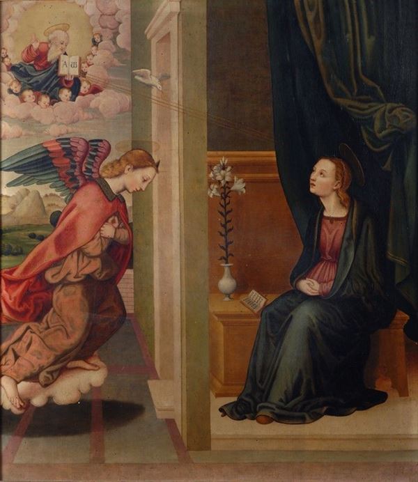 Scuola Toscana, XVI sec. : Annunciazione  - Olio su tavola - Asta Orologi, Antiquariato - I - Galleria Pananti Casa d'Aste