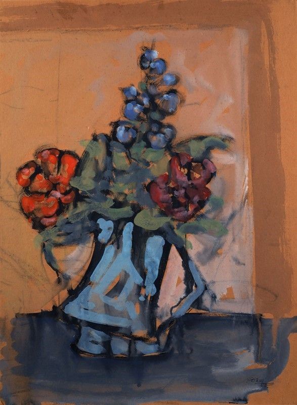 Igino Gonich Gonni : Vaso con fiori  (1953)  - Tempera e matita su carta - Asta Arte Moderna e Contemporanea - Galleria Pananti Casa d'Aste