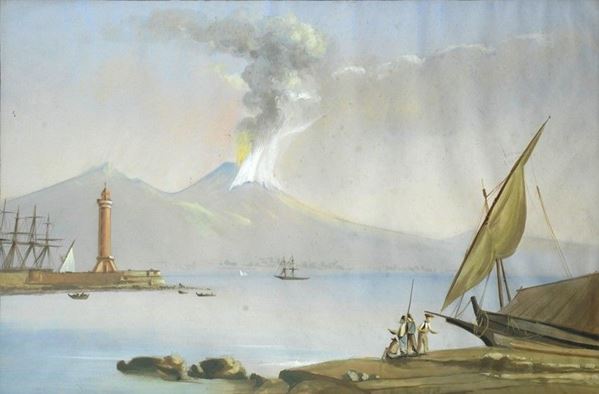 Anonimo, XIX - XX sec. : Eruzione del Vesuvio  - Tempera su carta - Asta AUTORI DEL XIX E XX SEC - Galleria Pananti Casa d'Aste