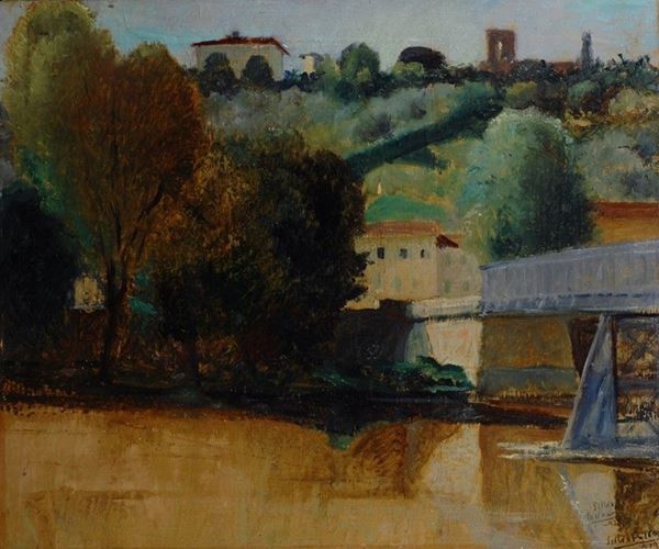 Silvio Polloni : Il Ponte di Ferro a San Nicolò  (1932)  - Olio su compensato - Asta AUTORI DEL XIX E XX SEC - Galleria Pananti Casa d'Aste