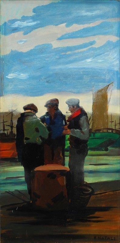 Renato Natali : Conversazione al porto  - Olio su compensato - Asta AUTORI DEL XIX E XX SEC - II - Galleria Pananti Casa d'Aste