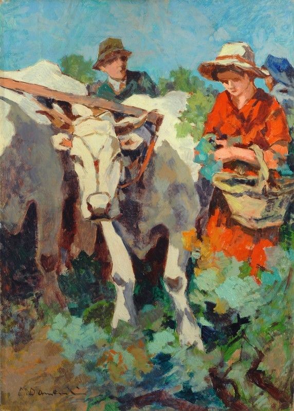 Carlo Domenici : Contadini con buoi  ((1940))  - Olio su faesite - Asta AUTORI DEL XIX E XX SEC - II - Galleria Pananti Casa d'Aste