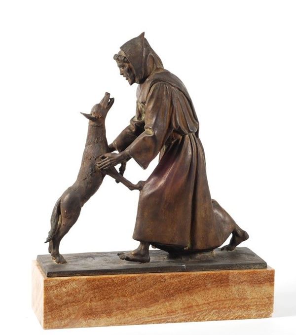 Mario Moschi : San Francesco e il lupo  - Bronzo - Asta AUTORI DEL XIX E XX SEC - II - Galleria Pananti Casa d'Aste