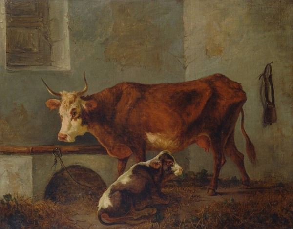 Filippo Palizzi : Mucca e vitello nella stalla  ((1840-45))  - Olio su tela - Asta AUTORI DEL XIX E XX SEC - II - Galleria Pananti Casa d'Aste