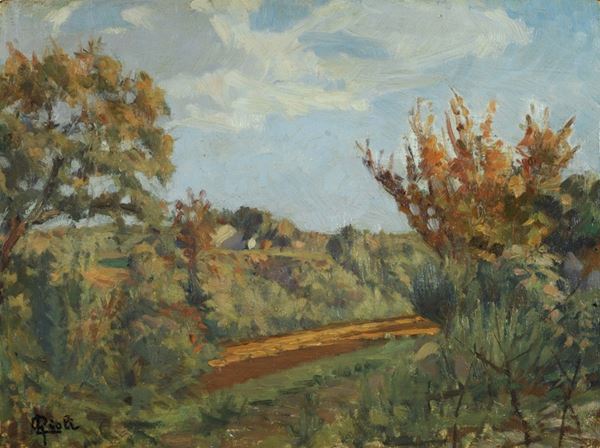 Luigi Gioli : Country landscape  - Oil on wood - Auction ANTIQUES, AUTHORS OF XIX AND XX CENTURY - II - Galleria Pananti Casa d'Aste