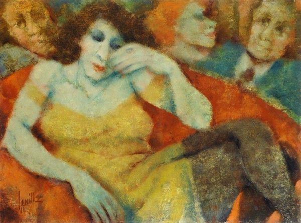 Remo Squillantini : Salotto  - Olio su compensato - Asta Arte Moderna e Contemporanea - III - Galleria Pananti Casa d'Aste