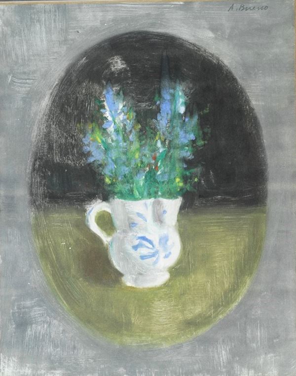 Antonio Bueno - Caraffa con fiori in ovale