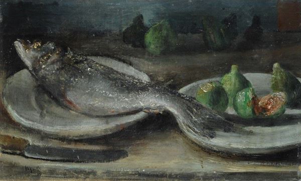 Gianni Vagnetti : Pesce e fichi   (1937)  - Olio su tela - Asta AUTORI DEL XIX E XX SEC - II - Galleria Pananti Casa d'Aste