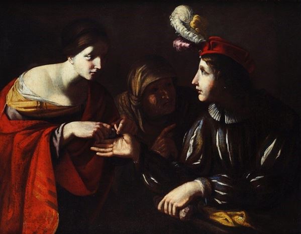 Scuola Italia Centrale, XVII sec. : La buona ventura  - Olio su tela - Asta Orologi, Antiquariato - I - Galleria Pananti Casa d'Aste