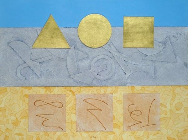 Lucio Del Pezzo : Tao  - Collage, acrilico, acquerello e oro in foglio su cartoncino - Asta Arte Moderna e Contemporanea - III - Galleria Pananti Casa d'Aste