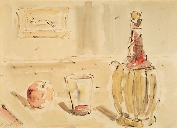 Filippo de Pisis : Natura morta con fiasco, bicchiere e mela  - Auction Arte Moderna e Contemporanea - III - Galleria Pananti Casa d'Aste