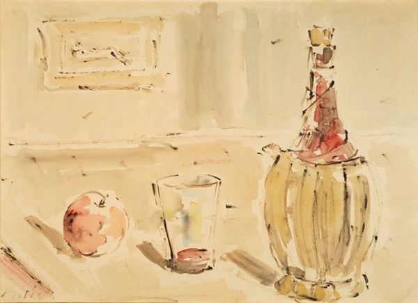 Filippo de Pisis - Natura morta con fiasco, bicchiere e mela