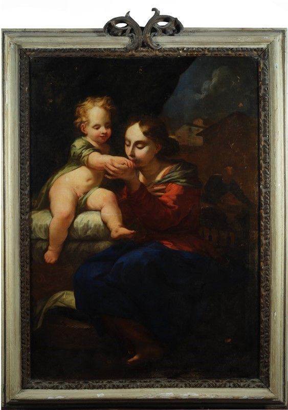 Scuola Toscana, XVIII sec. : La Madonna col Bambino e San Giuseppe sullo sfondo  - Olio su tela - Asta Orologi, Antiquariato - I - Galleria Pananti Casa d'Aste